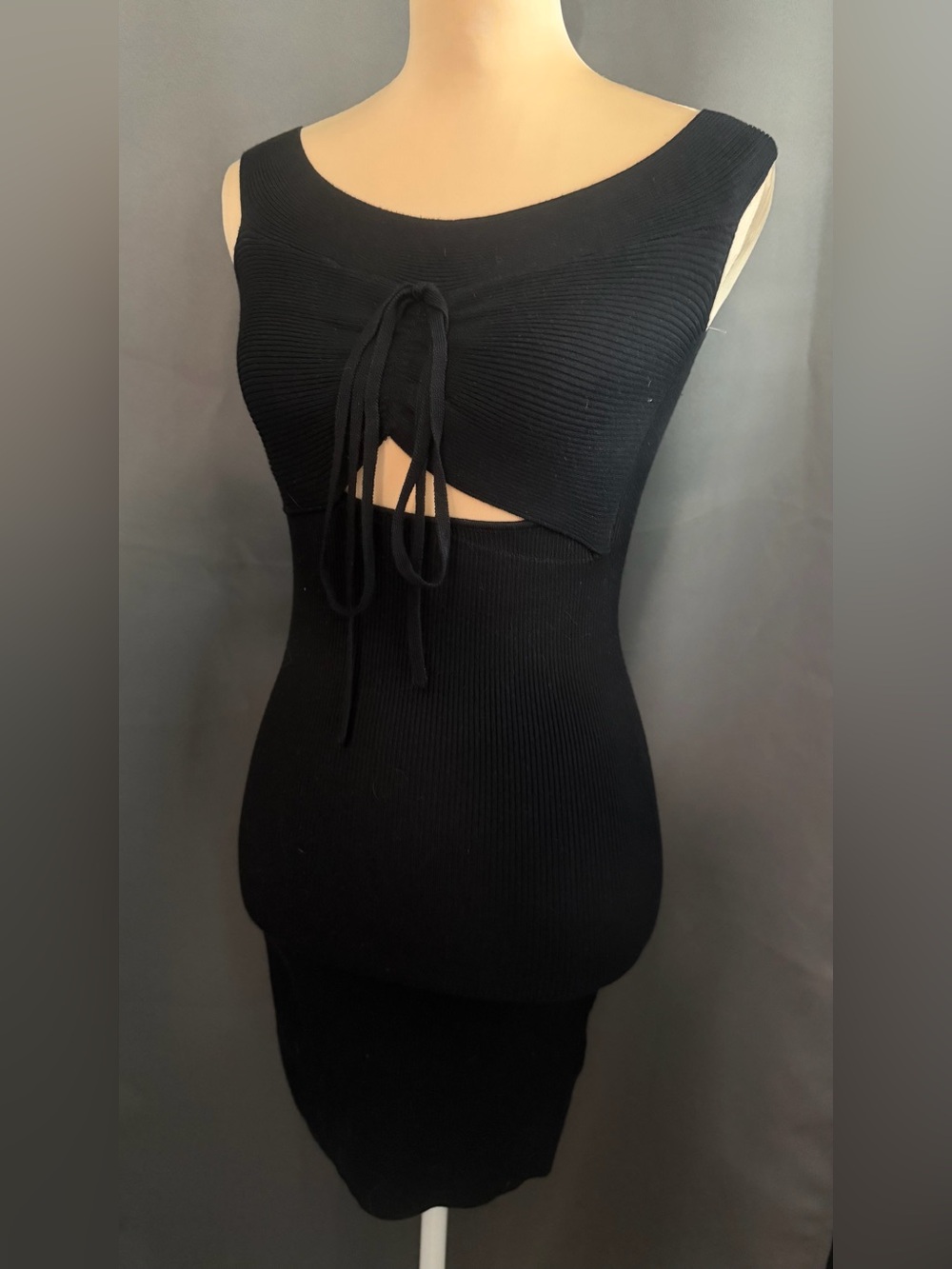 Express Black Ribbed Cutout Tie-Front Bodycon Dress